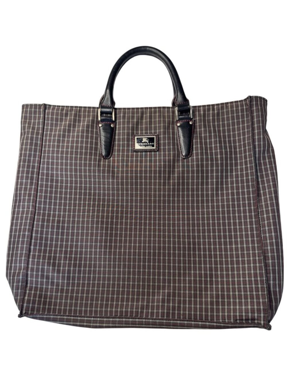 Burberry Black Label Plaid Tote Bag With Leather Handles